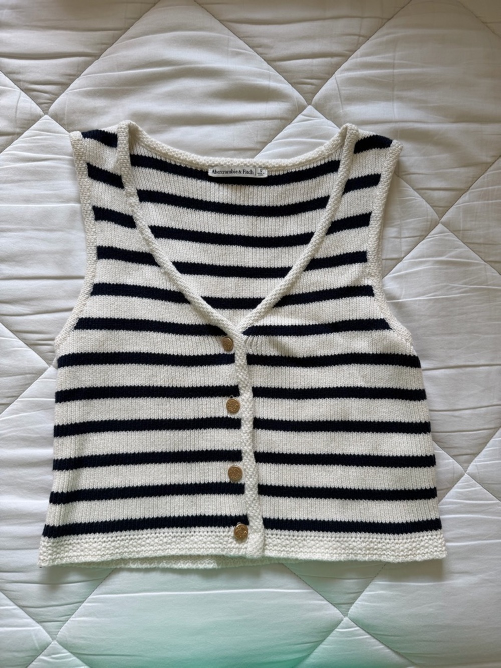 Abercrombie & Fitch Cream and Navy Striped Knit Button Crop Tank